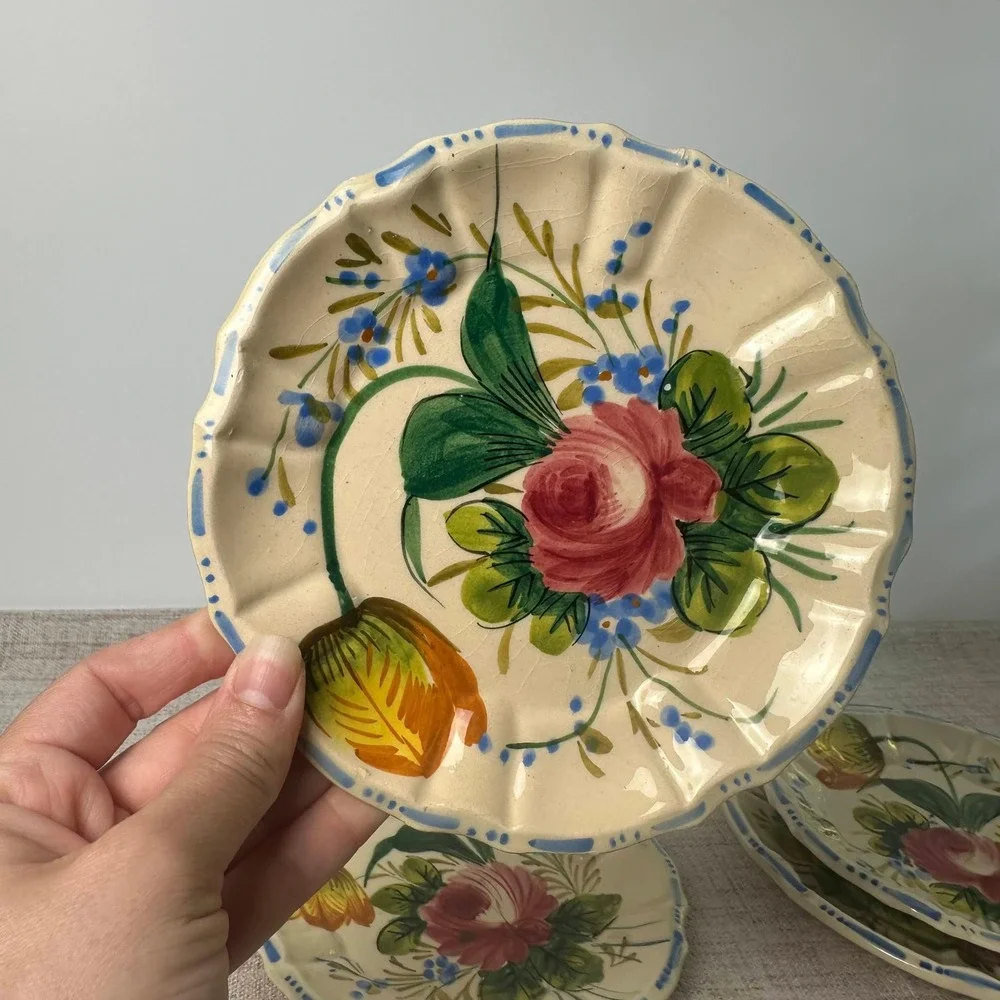 Vintage Italian Hand Painted Floral Plates | 1950s Nove Rose Style | Scalloped